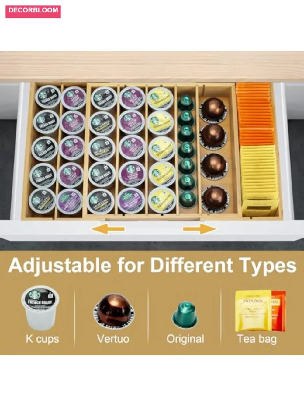 Bamboo Expandable K Cup Storage Organizer for Drawer Countertop